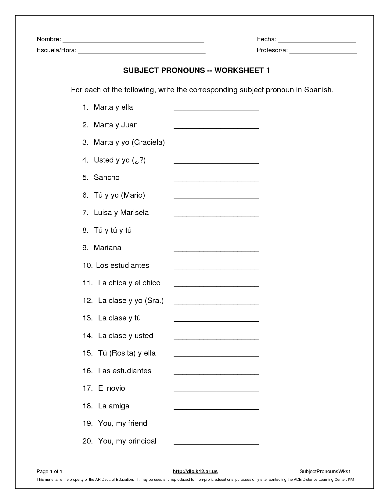 Spanish Worksheets Printables SUBJECT PRONOUNS WORKSHEET 1 Worksheets Library