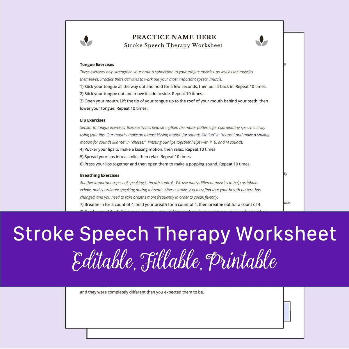 Stroke Speech Therapy Worksheet Editable Fillable Printable PDF Etsy Free Articulation Worksheets