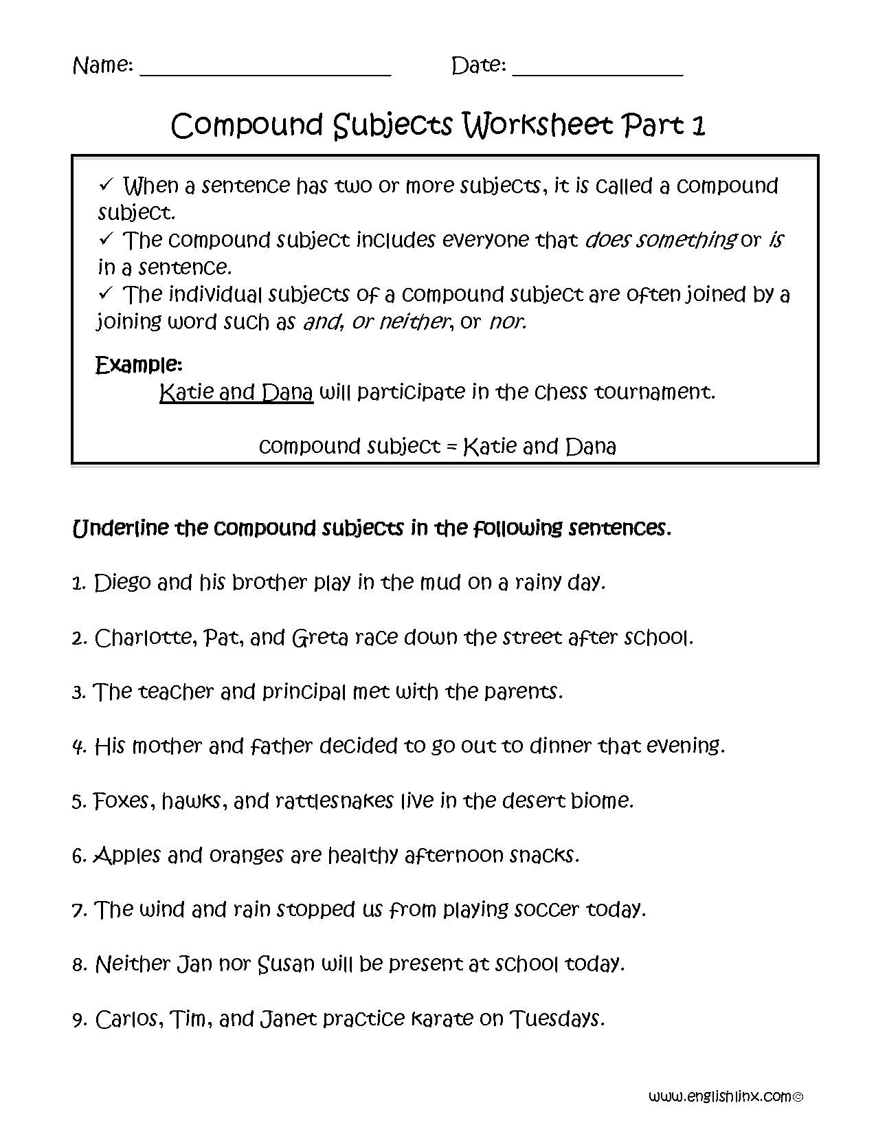 Compound Subjects And Predicates Worksheet Sentence Structure Activity