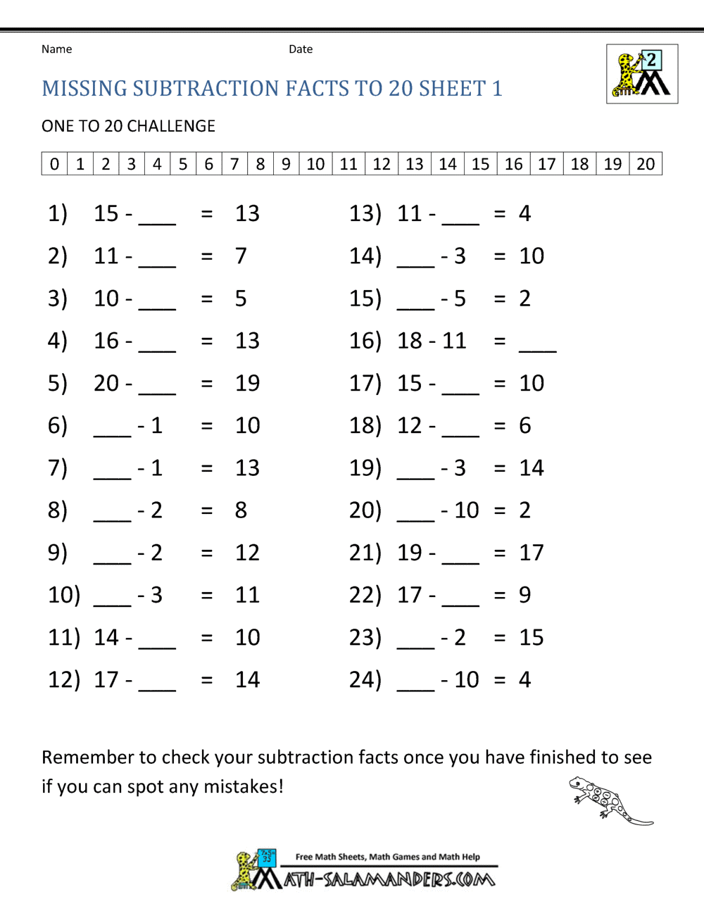 Subtraction Facts To 20 Subtraction Facts To 20