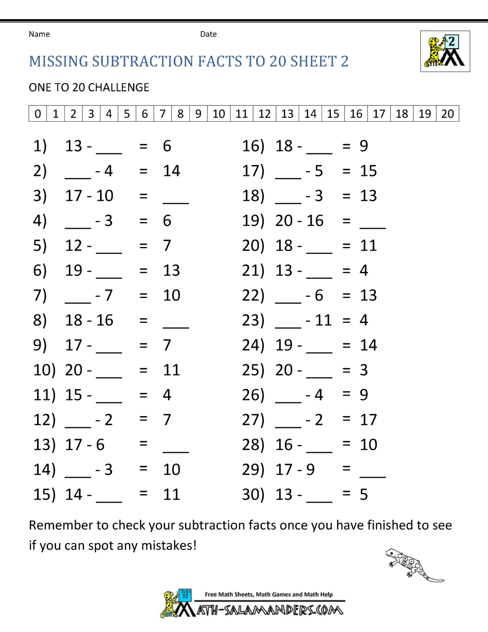 Subtraction Facts To 20 Subtraction Facts To 20