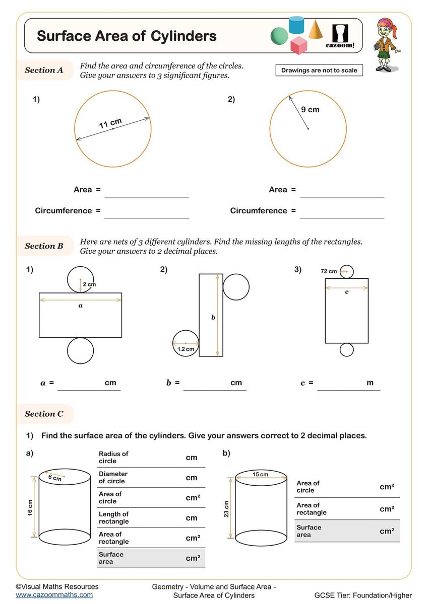 Surface Area Of Cylinders Worksheet Printable PDF For Year 9 And Year 10 Geometry Worksheet