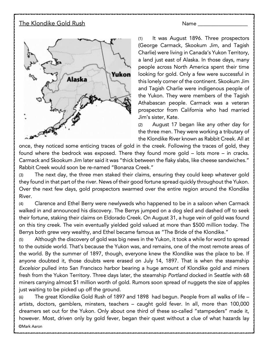 The Klondike Gold Rush Reading Passage And Assessment Classful