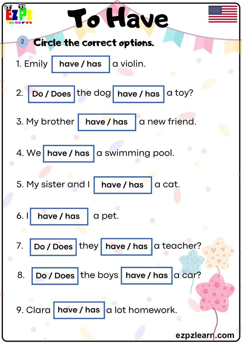 The Verb To Have Circle The Correct Answers Grammar Worksheet Pdf Ezpzlearn Action Verbs Worksheet Free Printable Digital PDF
