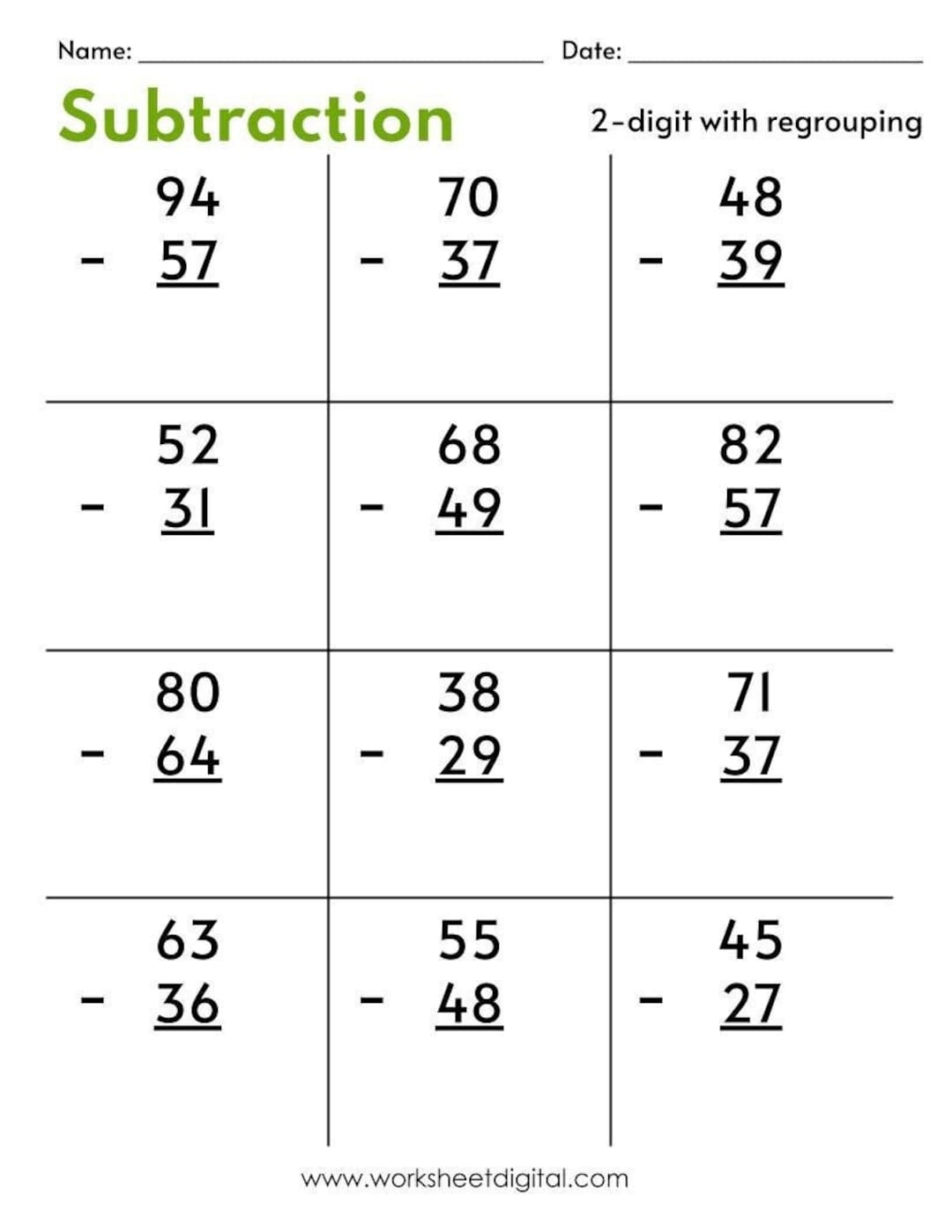 Two Digit Subtraction Worksheets With Regrouping PDF Etsy Canada