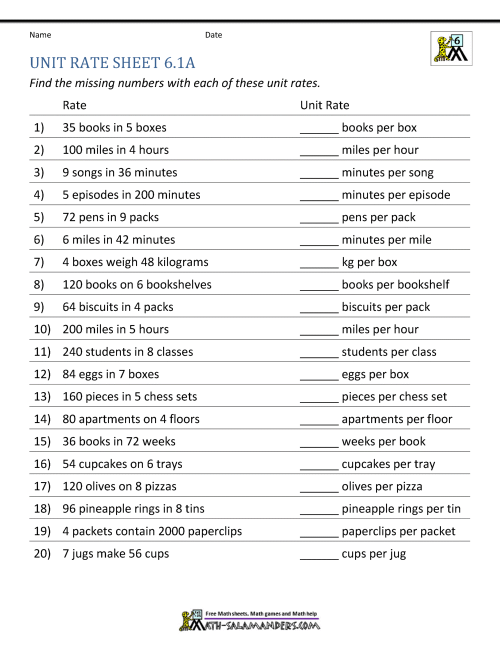 Unit Rate Problems 6th Grade Unit Rate Problems 6th Grade