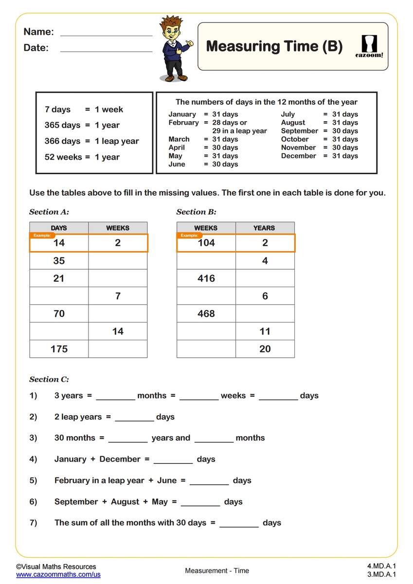 Units Of Time B PDF Printable Measurement Worksheets Cazoom Math Units Of Time B PDF Printable Measurement Worksheets Cazoom Math