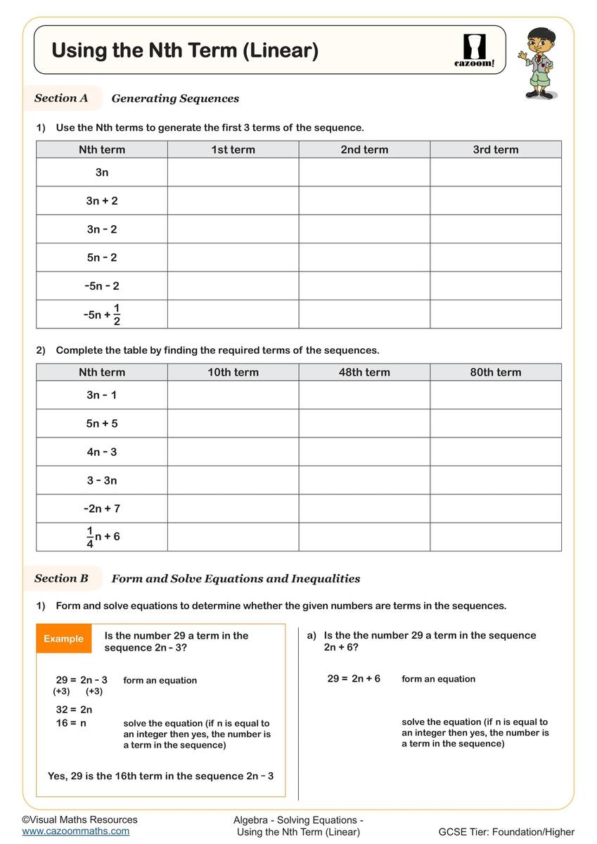 Using The Nth Term Linear Worksheet Printable PDF For Year 8 And Year 9 Algebra Worksheet