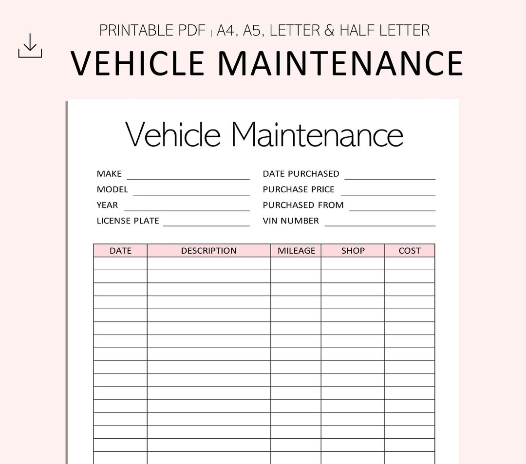 Vehicle Maintenance Log Vehicle Service Tracker Vehicle Repairs Expense Tracker PDF A4 A5 Letter Half Letter Etsy