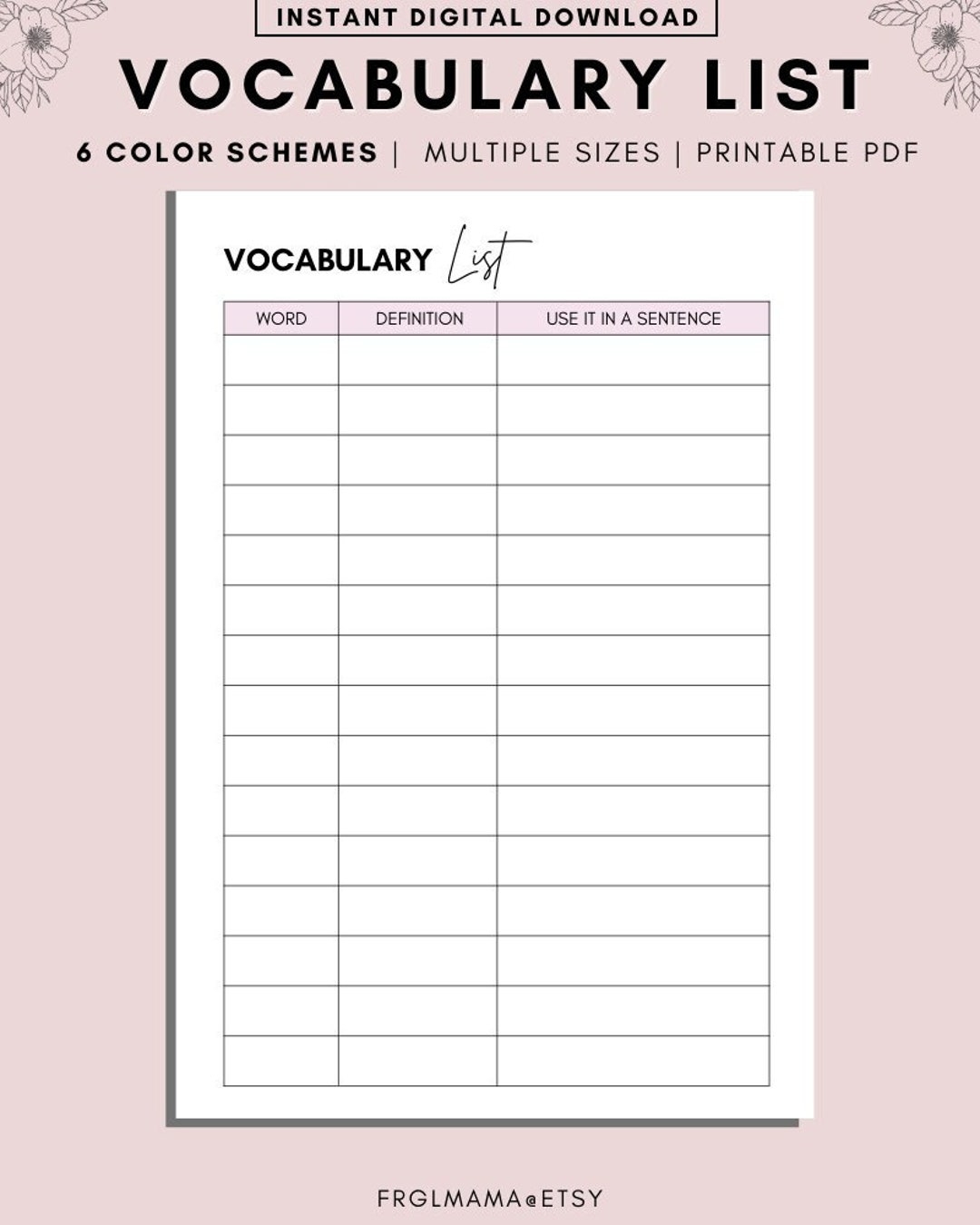 Vocabulary List Printable Language Study Worksheet PDF Etsy Vocabulary List Printable Language Study Worksheet PDF Etsy