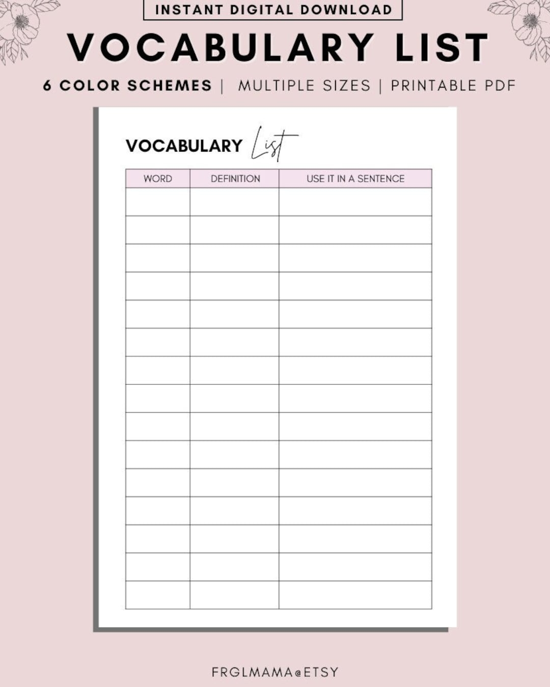 Vocabulary List Printable Language Study Worksheet PDF Etsy Vocabulary List Printable Language Study Worksheet PDF Etsy
