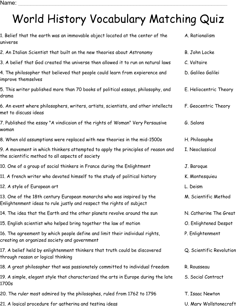 World History Vocabulary Matching Quiz Worksheet WordMint World History Vocabulary Matching Quiz Worksheet WordMint