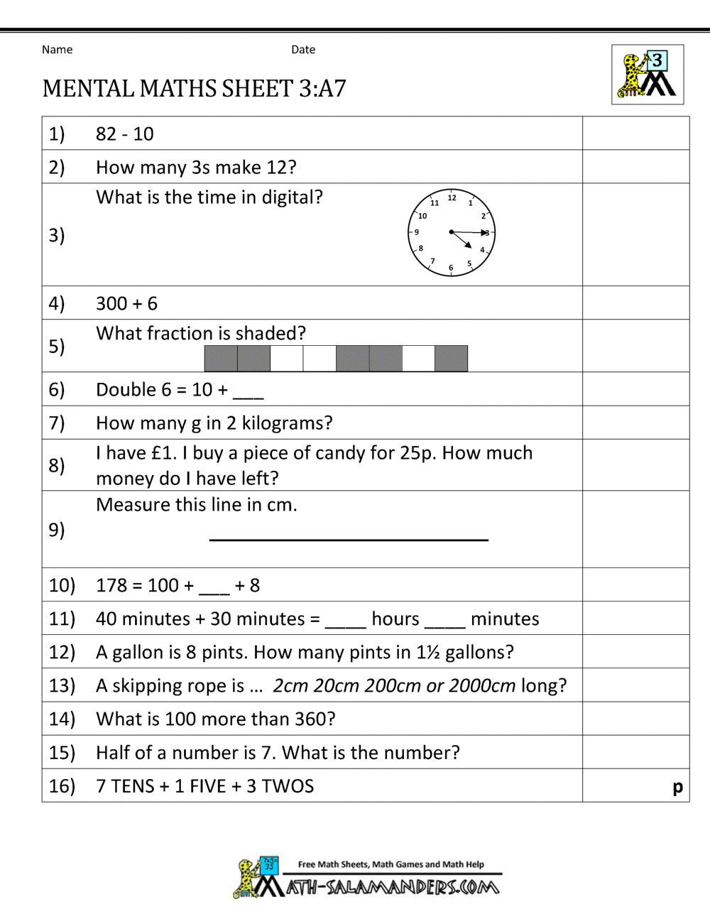 Year 3 Mental Maths Worksheets Year 3 Mental Maths Worksheets